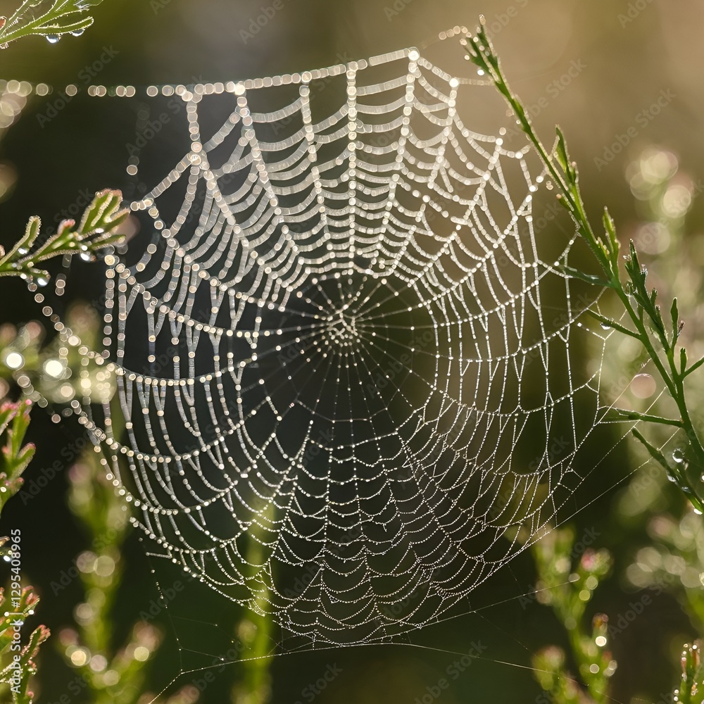 The scene features a spider web in the early morning, illuminated by warm sunlight and surrounded by blurred green foliage, showcasing the beauty and fragility of nature.