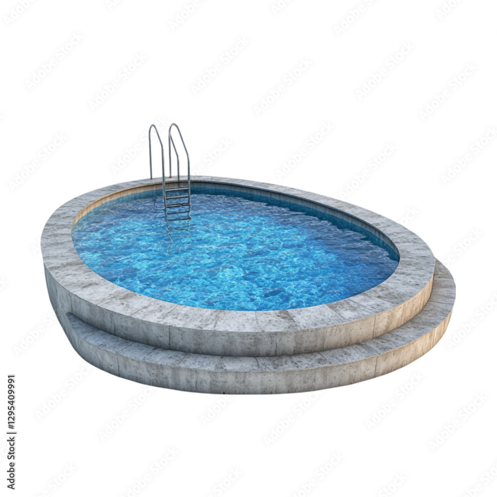 Fototapeta premium Oval Pool Design Concrete Steps Blue Water Summer Relaxation,