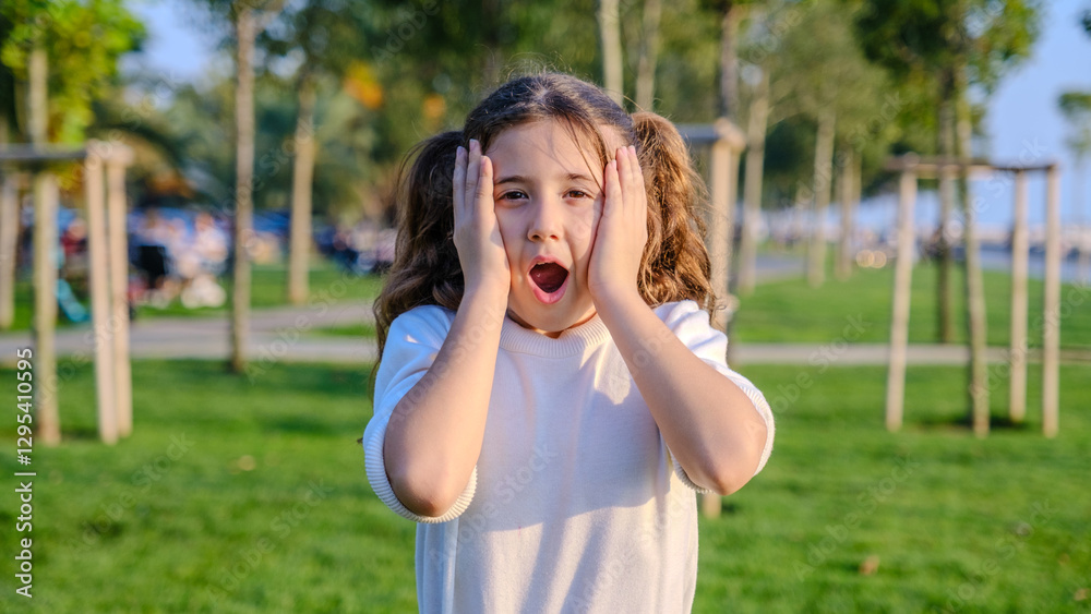 A little girl child standing in a wooded park on a fall day, looking at the camera and making surprised facial expressions A little girl child standing in a wooded park on a fall day, looking at the camera and making surprised facial expressions