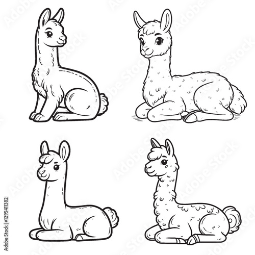 "High-Quality Cute Cartoonic Vicuna Sitting Pose Outline Vector Illustrations"