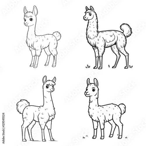 High-Quality Cute Cartoonic Vicuna Standing Pose Outline Vector Illustrations"