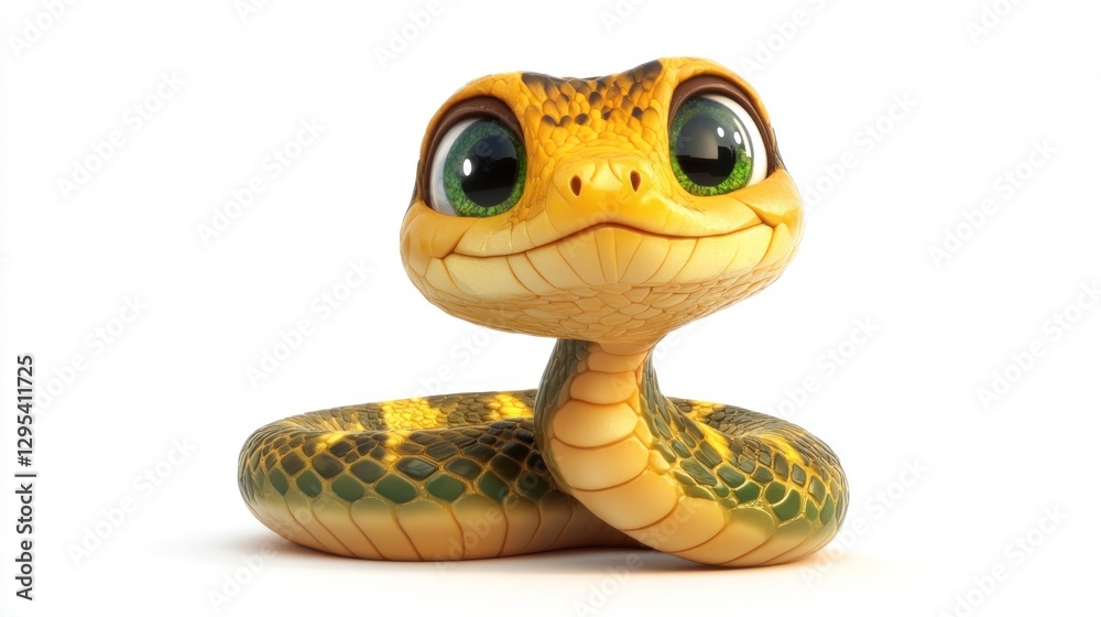 Fototapeta premium Adorable Cartoon Baby Snake Posing on White Background