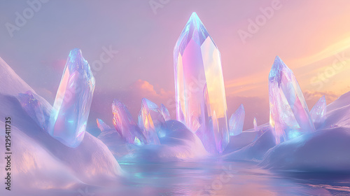 Ethereal Crystal Kingdom with Iridescent Shards in a Frozen Fantasy Realm photo