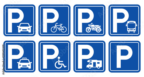 Parking sign set. Parking sign car, bicycle, motorcycle, bus, disabled person, campervan, visitor parking signboard. Vector illustration.