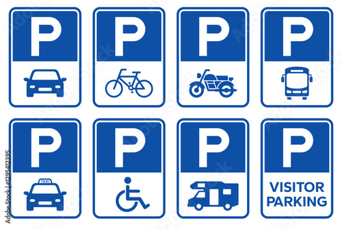Parking sign set. Parking sign car, bicycle, motorcycle, bus, disabled person, campervan, visitor parking signboard. Vector illustration.