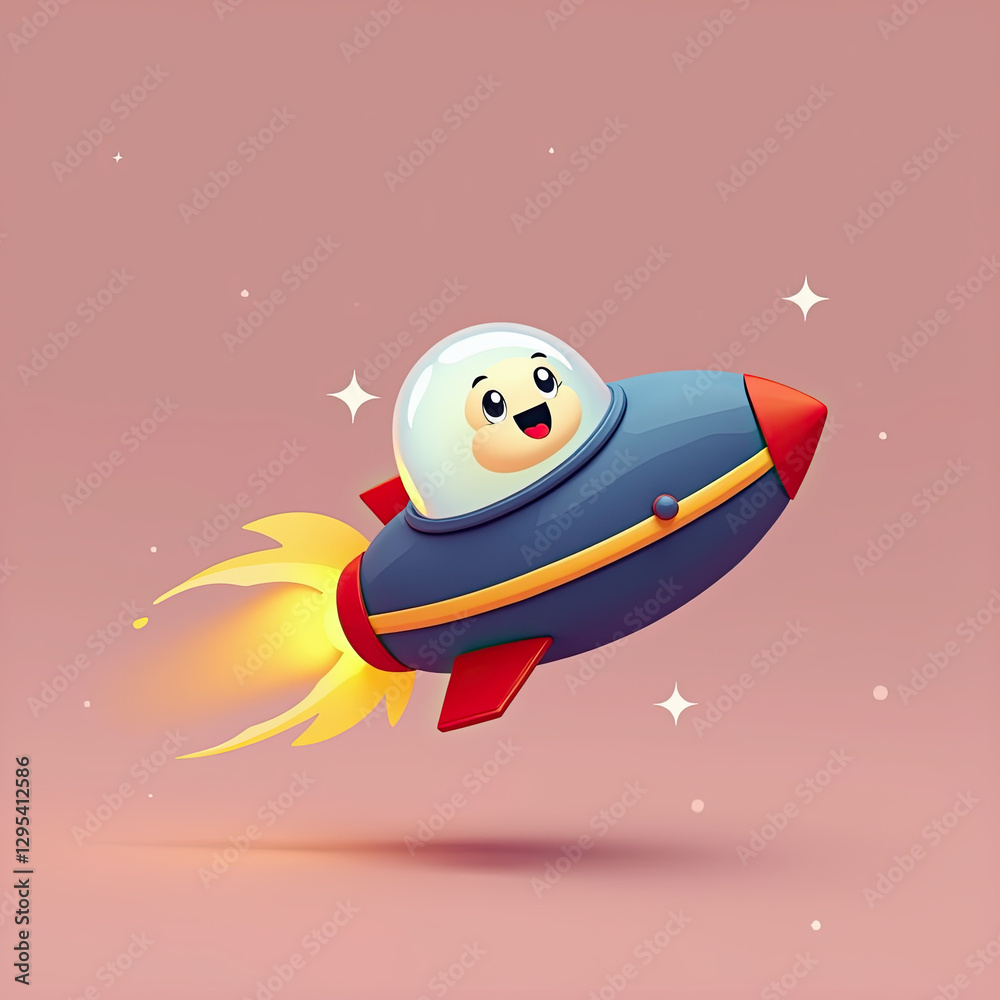 Fototapeta premium Cute Cartoon Rocket Ship in Space - Whimsical illustrations