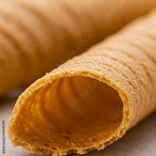 A close-up of a thin and crispy tuille cookie with a delicate curve, showing its smooth surface and slightly golden edges. The cookie's light texture is evident