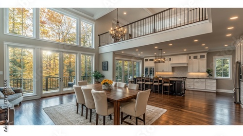 Fototapeta Naklejka Na Ścianę i Meble -  Open-concept home dining room with fall foliage views