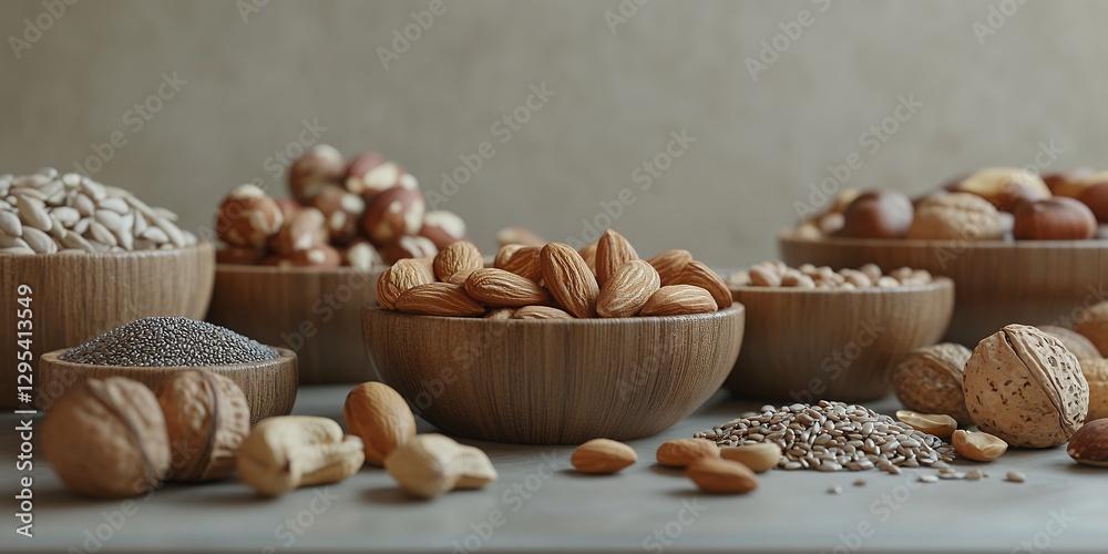 木製ボウルに盛られたナッツとシードのヘルシーなディスプレイ | Healthy Assorted Nuts and Seeds in Wooden Bowls 木製ボウルに盛られたナッツとシードのヘルシーなディスプレイ | Healthy Assorted Nuts and Seeds in Wooden Bowls