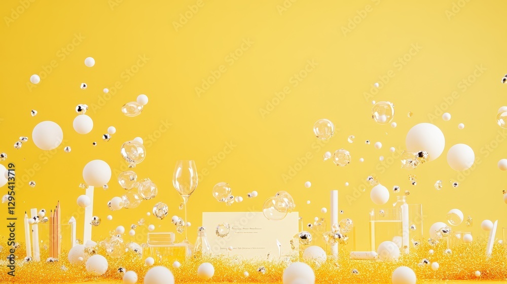 Fototapeta premium Mark the occasion with a top-view picture featuring a graduation cap, diploma, stationery, books, pencils, glasses, confetti, tinsel Over yellow Studio Background.