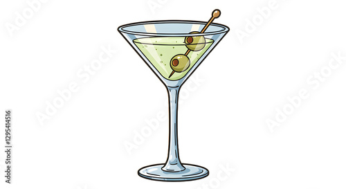 Classic martini cocktail with olives illustration on vibrant orange background