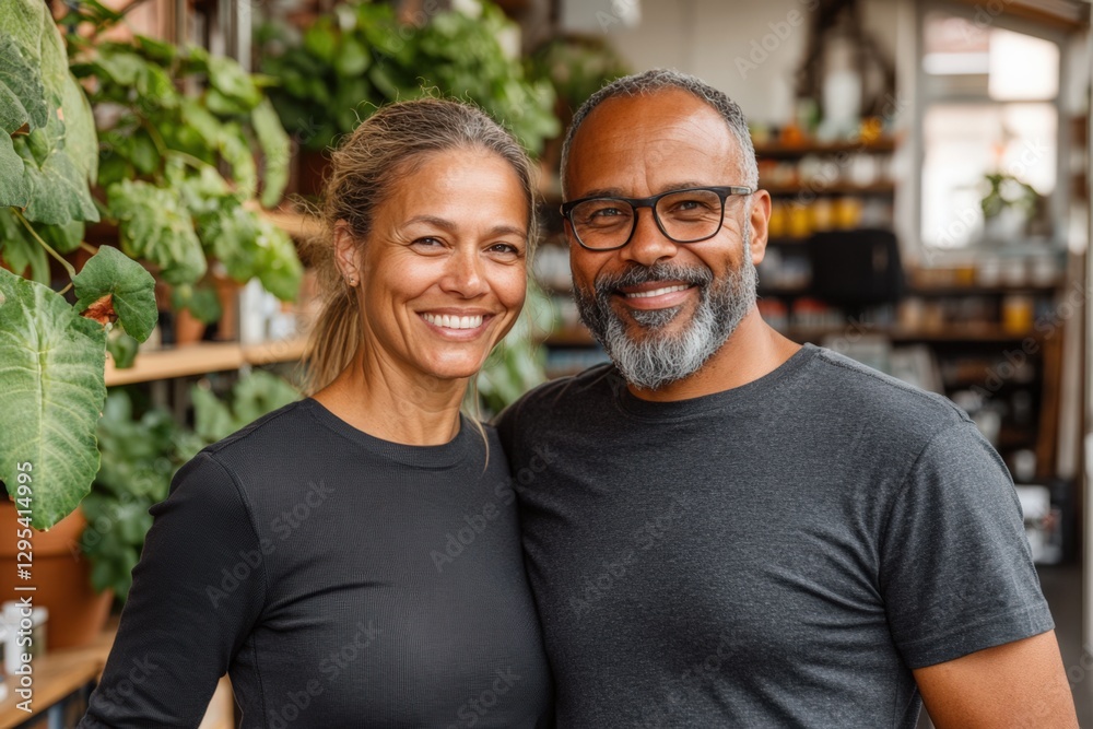 A Joyful Smiling Middle-Aged Couple Posing Together in a Lively Indoor Plant Shop Showcasing Their Passion for Botanical Beauty and Community Engagement A Joyful Smiling Middle-Aged Couple Posing Together in a Lively Indoor Plant Shop Showcasing Their Passion for Botanical Beauty and Community Engagement