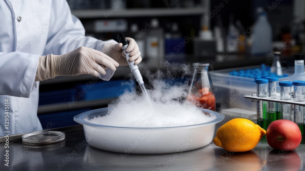 Scientist in White Coat Using Pipette with Dry Ice and Fruit in Lab