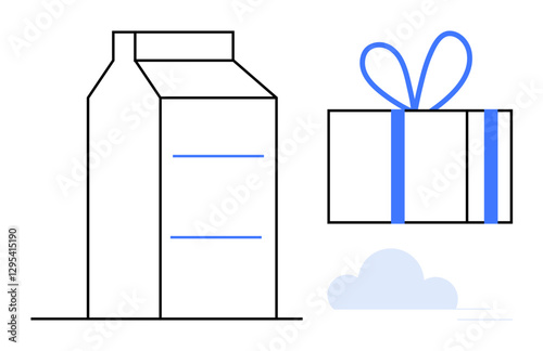 Milk carton next to a gift box wrapped with a blue ribbon and a small cloud. Ideal for celebrating, daily essentials, food, holidays, education, creativity, marketing. Line metaphor