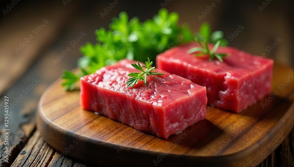 Two succulent Wagyu rib eyes, fresh herbs, wooden board, raw, foodie, closeup Two succulent Wagyu rib eyes, fresh herbs, wooden board, raw, foodie, closeup