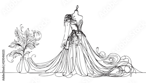 Continuous one single minimal line drawing bride dress