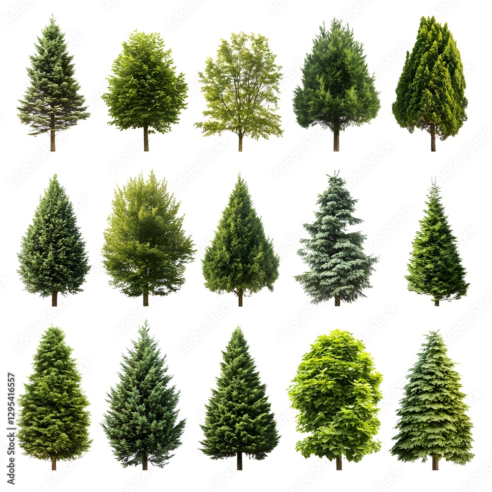 A diverse set of various tree species in different sizes and shapes surrounded by scenic nature A diverse set of various tree species in different sizes and shapes surrounded by scenic nature