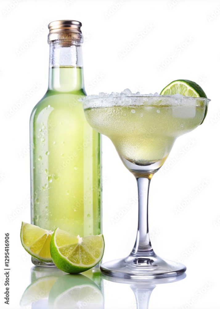 Margarita with Bottle of Lime Drink - A margarita glass filled with lime margarita, accompanied by a bottle of lime drink and lime wedges for garnish.
Margarita with Bottle of Lime Drink - A margarita glass filled with lime margarita, accompanied by a bottle of lime drink and lime wedges for garnish.