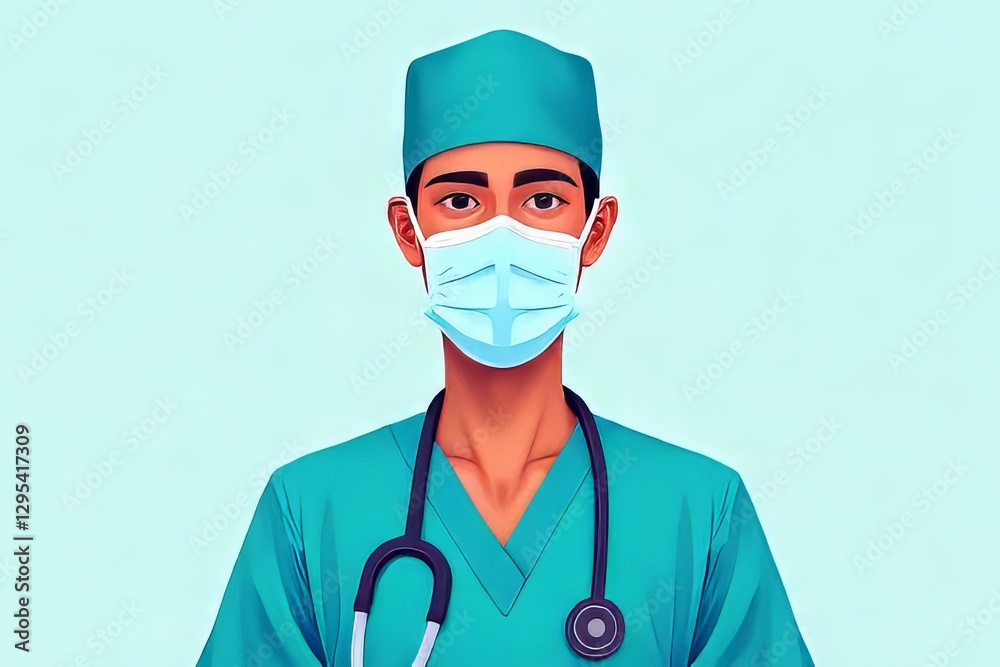 Dedicated Healthcare Professional in Teal Scrubs and Protective Mask Dedicated Healthcare Professional in Teal Scrubs and Protective Mask