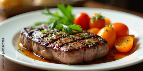 Grilled steak, herbs, roasted vegetables, white plate, appetizer, foodphotography, gourmet