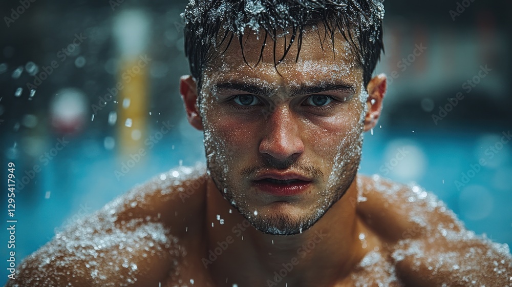 Fototapeta premium Wet athlete emerging from pool, intense stare, blurred background
