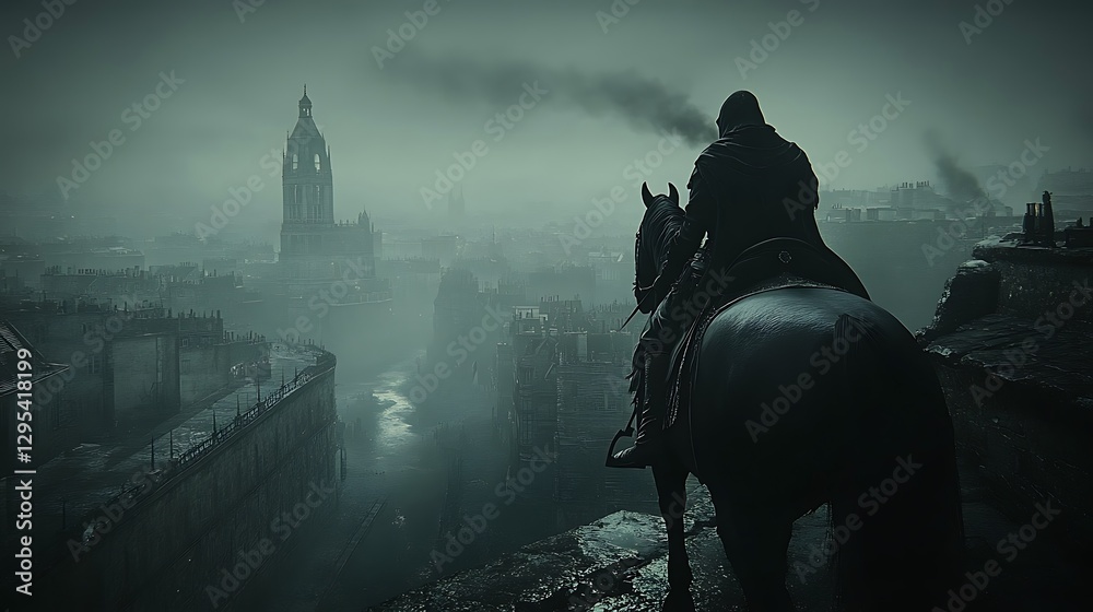 Naklejka premium Darkened City, Rider on Ruins, Misty View