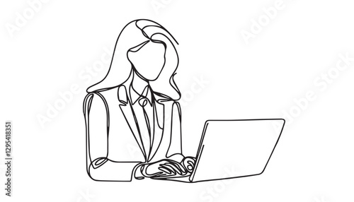 Continuous one single minimal line drawing businesswoman are using laptop