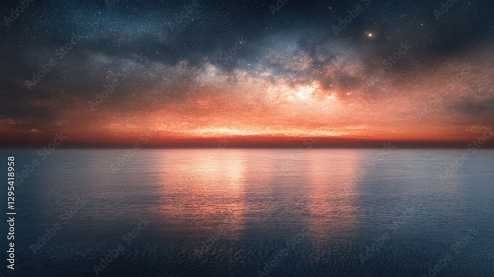 Sunset sky reflection over calm ocean water with stars Sunset sky reflection over calm ocean water with stars