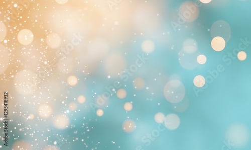 Gold and turquoise bokeh lights with sparkles. Holiday and celebration background