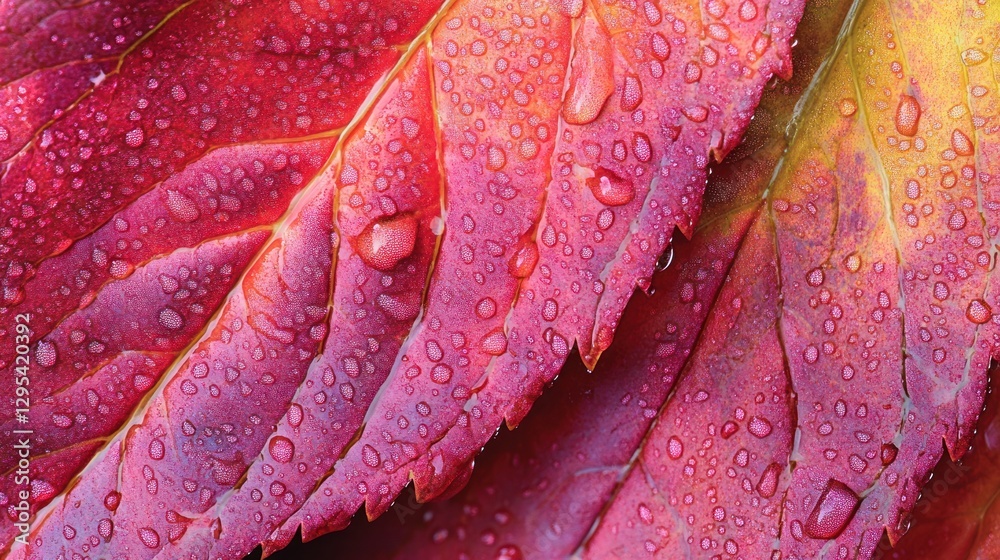 Fototapeta premium Close up of vibrant red leaf covered in water droplets