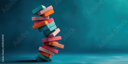A colorful stack of game blocks precariously balanced against a soft, gradient background, showcasing creativity and stability. photo