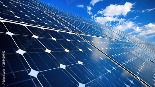 Solar panels gleam under a blue sky with clouds