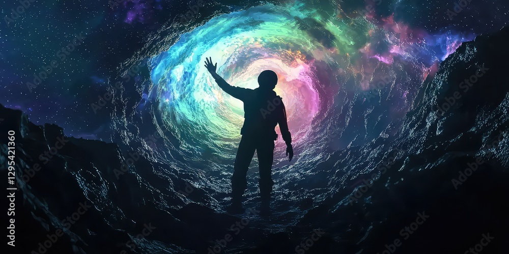 Fototapeta premium Space explorer silhouette reaching toward an interdimensional aurora vortex.
