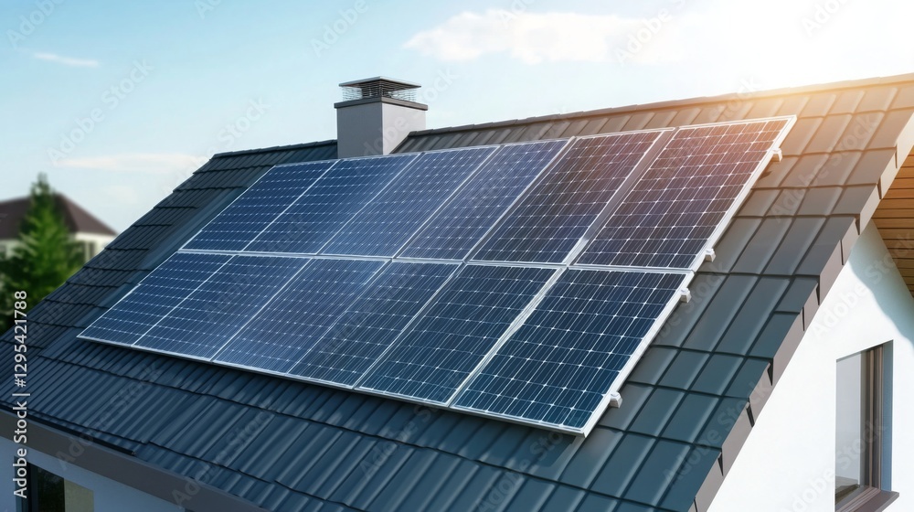 Solar panels installed on a modern house roof in a sunny neighborhood providing renewable energy