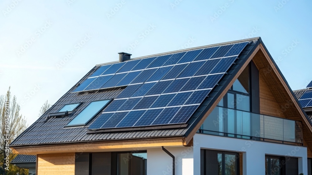 Modern home equipped with solar panels reflecting eco-friendly living and energy efficiency in bright daylight Modern home equipped with solar panels reflecting eco-friendly living and energy efficiency in bright daylight