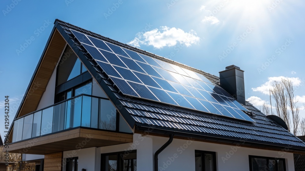 Fototapeta premium Solar panels installed on a modern home under a clear blue sky during daylight hours