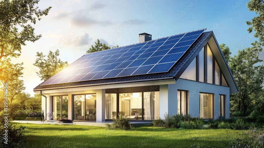 Modern home with solar panels in a sunlit landscape showcasing sustainable living and energy efficiency Modern home with solar panels in a sunlit landscape showcasing sustainable living and energy efficiency