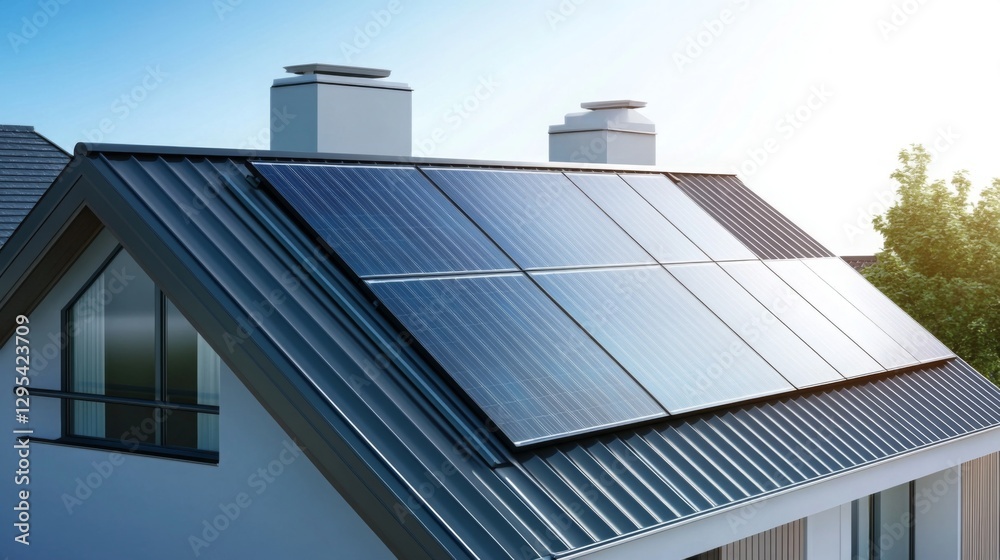 Fototapeta premium Modern solar panels installed on a contemporary house roof for sustainable energy generation