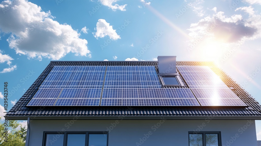 Fototapeta premium Solar panels installed on a residential roof under a bright blue sky with scattered clouds in the afternoon