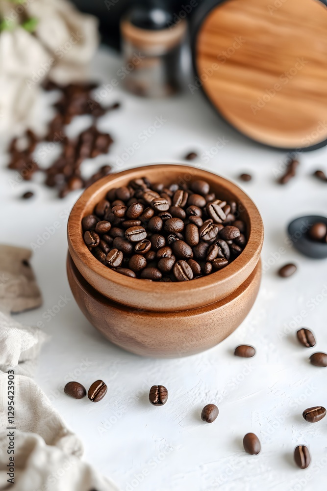 Fototapeta premium Roasted Coffee Beans in Wooden Bowl Still Life Photography