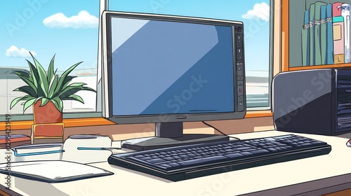 Sunny Office Desk with Computer and Plant