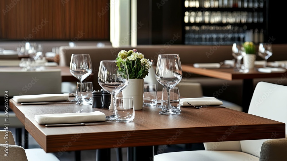 A modern dining table setup with neutral tones and a small floral centerpiece. picture A modern dining table setup with neutral tones and a small floral centerpiece. picture