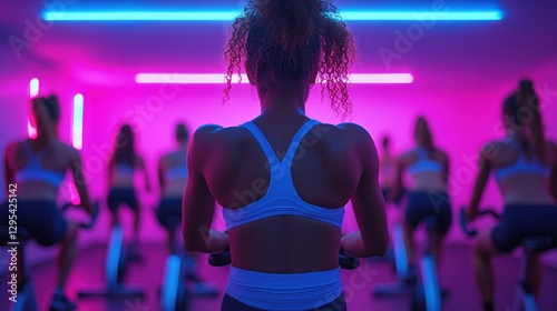 Woman leads spin class in neon-lit gym photo