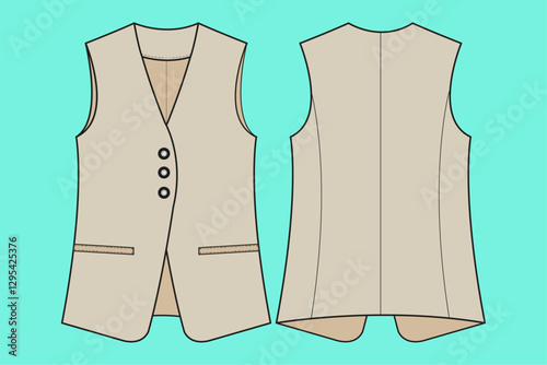 Formalwear vest front and back view outline flat sketch cad template.