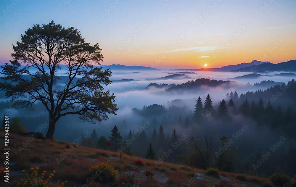 Fototapeta premium Breathtaking Mountain View at Sunrise with Misty Horizon | Majestic Sunrise Over Foggy Forest: Peaceful Nature Landscape | iconic landscape shot with stunning layers of mist, vibrant colors of nature