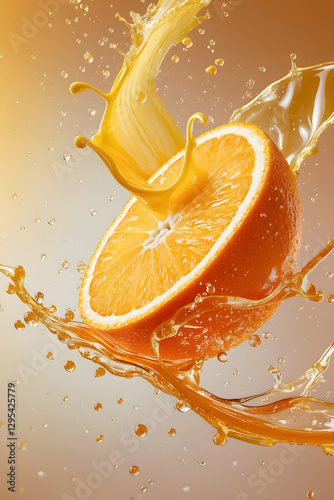 An orange cut in half and surrounded by orange juice.