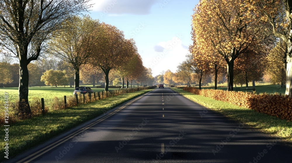 Scenic country road with trees in autumn season provides beauty Scenic country road with trees in autumn season provides beauty