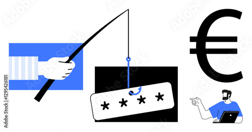 Hand with fishing rod hooks password tag, large Euro sign, man with laptop pointing. Ideal for cybersecurity, online fraud, phishing, password protection, data security, financial threats identity