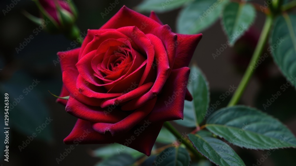 A close-up of a vibrant baccara black rose in full bloom, showcasing its deep red petals and lush green leaves. A close-up of a vibrant baccara black rose in full bloom, showcasing its deep red petals and lush green leaves.