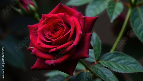 Obraz na płótnie A close-up of a vibrant baccara black rose in full bloom, showcasing its deep red petals and lush green leaves. w salonie